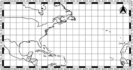Dominio geogr&aacute;fico utilizado para el an&aacute;lisis del comportamiento del Anticicl&oacute;n Subtropical del Atl&aacute;ntico Norte.