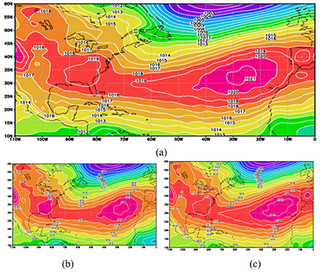 Mapa medio de la presi&oacute;n atmosf&eacute;rica (hPa) al nivel del mar en los meses de noviembre a abril para los periodos 1950-2019 (a), 1950-1969 (b) y 1970-2019(c).
