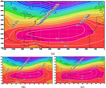 Mapa medio de altura geopotencial a 850 hPa en los meses de noviembre a abril para los periodos 1950-2019 (a), 1950-1979 (b) y 1980-2019 (c).