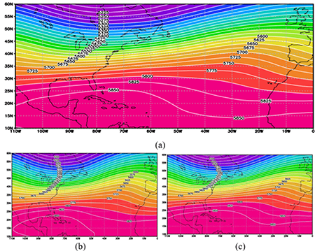 Mapa medio de altura geopotencial a 500 hPa en los meses de noviembre a abril para los periodos 1950-2019 (a), 1950-1984(b) y 1985-2019 (c).