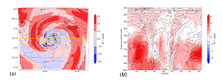 (a) diferencia (NTHFVR-NTHFNVR) horizontal entre los campos de humedad espec&iacute;fica en 850 hPa, y (b) diferencia (NTHFVR-NTHFNVR) en la vertical de humedad espec&iacute;fica (color) y velocidad del viento en m/s (contorno) para las 12 horas de pron&oacute;stico, a partir de la inicializaci&oacute;n del 2 de septiembre de 2019 a las 0000 UTC