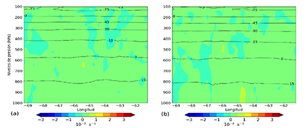 Corte vertical zonal del pron&oacute;stico de la vorticidad absoluta (color) y la correspondiente temperatura en oC (l&iacute;neas continuas) para el experimento NTHFVR (izquierda) y para el NTHFNVR (derecha)