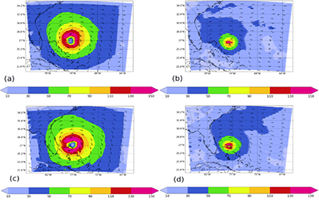 Campo de viento (km/h) del hurac&aacute;n Dorian para las inicializaciones del 2019-09-01 a las 0000 UTC (a, b) y 2019-09-02 a las 0000 UTC (c, d). Los gr&aacute;ficos (a, c) representan el experimento NTHFVR y los gr&aacute;ficos (b, d) el NTHFNVR.
