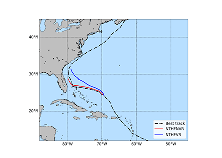 Trayectoria del hurac&aacute;n Dorian para el experimento NTHFVR (azul), el experimento NTHFNVR (rojo) y la best track (negro), para la corrida inicializada el 30 de agosto de 2019 a las 1200 UTC