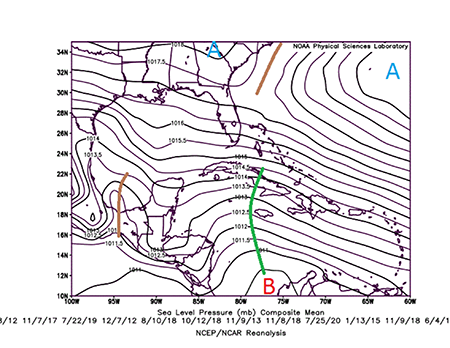 Mapa medio de presi&oacute;n a nivel medio del mar (hPa). 