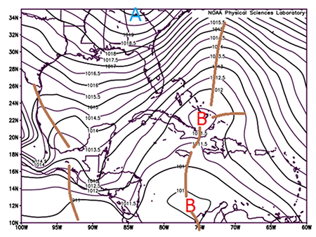 Mapa medio de presi&oacute;n a nivel medio del mar (hPa). 