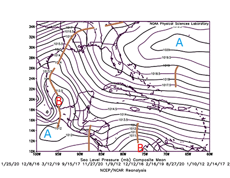 Mapa medio de presi&oacute;n a nivel medio del mar (hPa) 