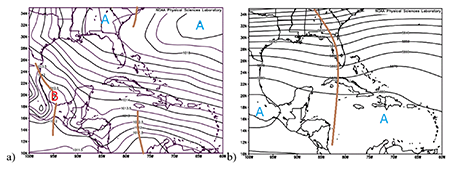 Mapas medios a) Presi&oacute;n a nivel medio del mar (hPa). b) Altura geopotencial de 500hPa (m). 
