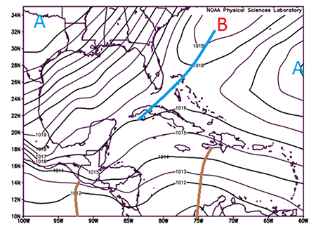 Mapa medio de presi&oacute;n a nivel medio del mar (hPa). 