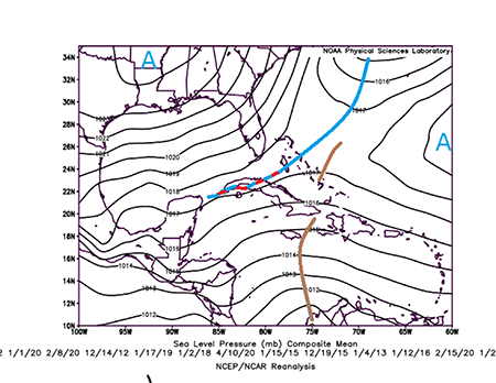 Mapa medio de presi&oacute;n a nivel medio del mar (hPa).