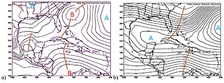 Mapas medios a) Presi&oacute;n a nivel medio del mar (hPa). b) Altura geopotencial de 850 hPa (m). 