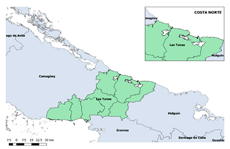 Zona de estudio (zona norte de la provincia Las Tunas) Imagen propia elaborada en el software de tipo información geográfica QGIS.