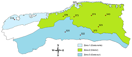 Distribución de las estaciones meteorológicas y regionalización del área de estudio.