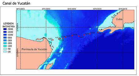Batimetría de la región del canal de Yucatán, con la ubicación de los anclajes oceanográficos (de YUC1 a YUC10). Anclajes utilizados en este estudio YUC4, YUCI5, YUC5.