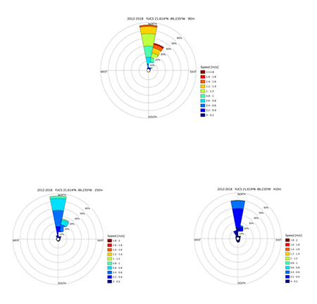 Distribución frecuencial de la magnitud y dirección de la corriente de Yucatán. a) 90 m, b) 250 m y c) 410 m. 