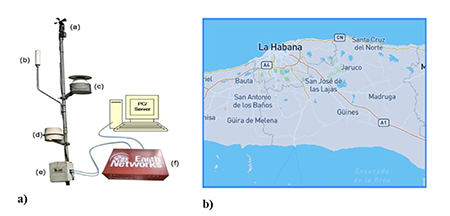 (Izquierda) Earth Networks, detector total de rayos e instrumentos meteorológico. a) Sensor de velocidad y dirección del viento, b) sensor integrado de detección de rayos en la nube (IC) y de nube a tierra (CG), c) refugio el sensor, d) lluvia Gauge, e) Caja de Control remoto de descargas, f) Dispositivo de Red, Midya, 2018. Figura 2.2 b (Derecha) Área que se utilizó para extraer las descargas eléctricas