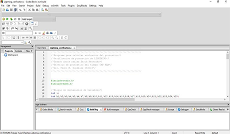 Ambiente de trabajo CodeBlocks utilizado para analizar las descargas eléctricas.