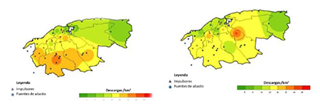 Muestra de la densidad de descargas con la distribución de los Impulsores y fuentes de abasto de agua en el mes de junio (izquierda) y julio (derecha) del año 2020.
