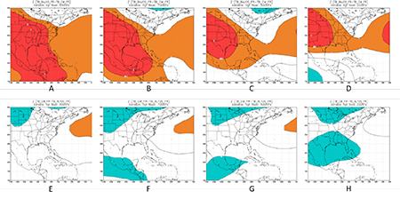 Mapas de significación del campo de altura geopotencial de los frentes revesinos entre trimestres normales y bajos para los 850 hPa (A), 700 hPa (B), 500 hPa (C) y 200 hPa (D); y entre trimestres altos y normales para los 850 hPa (E), 700 hPa (F), 500 hPa (G) y 200 hPa (H)