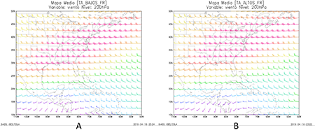Configuraciones medias del campo de viento en 200 hPa de los frentes revesinos para los trimestres bajos (A) y altos (B)