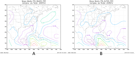 Configuraciones medias de la divergencia en 200 hPa de los frentes revesinos para los trimestres bajos (A) y altos (B)