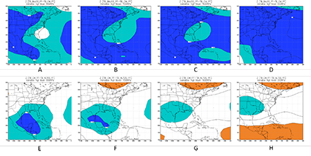 Mapas de significación del campo de altura geopotencial de los frentes fuertes entre trimestres normales y bajos para los 850 hPa (A), 700 hPa (B), 500 hPa (C) y 200 hPa (D); y entre trimestres altos y normales para los 850 hPa (E), 700 hPa (F), 500 hPa (G) y 200 hPa (H)