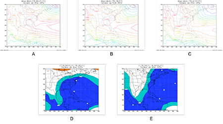 Configuraciones medias de presión a nivel medio del mar para los frentes clásico de los trimestres bajos (A), normales (B) y altos (C). Mapas de significación entre trimestres bajos y normales (D) y trimestres altos y normales (E)
