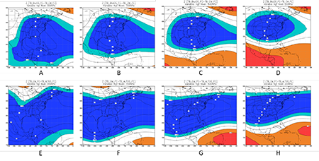 Mapas de significación del campo de altura geopotencial de los frentes clásicos entre trimestres normales y bajos para los 850 hPa (A), 700 hPa (B), 500 hPa (C) y 200 hPa (D); y entre trimestres altos y normales para los 850 hPa (E), 700 hPa (F), 500 hPa (G) y 200 hPa (H)
