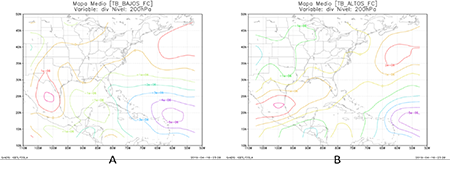 Configuraciones medias de la divergencia en 200 hPa de los frentes clásicos para los trimestres bajos (A) y altos (B)