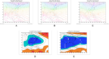 Configuraciones medias del campo de temperatura en 850 hPa para los frentes clásicos de los trimestres bajos (A), normales (B) y altos (C). Mapas de significación entre trimestres bajos y normales (D) y trimestres altos y normales (E)