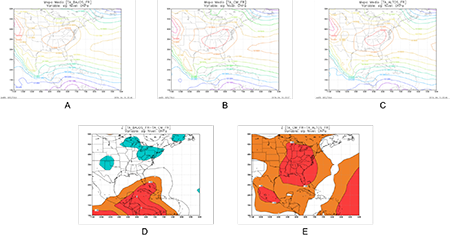 Configuraciones medias de presión a nivel medio del mar para los frentes revesinos de los trimestres bajos (A), normales (B) y altos (C). Mapas de significación entre trimestres bajos y normales (D) y trimestres altos y normales (E)