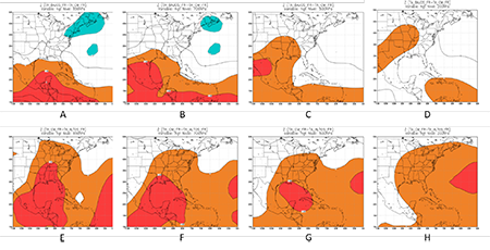 Mapas de significación del campo de altura geopotencial de los frentes revesinos entre trimestres normales y bajos para los 850 hPa (A), 700 hPa (B), 500 hPa (C) y 200 hPa (D); y entre trimestres altos y normales para los 850 hPa (E), 700 hPa (F), 500 hPa (G) y 200 hPa (H)