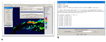 Captura de pantalla que muestra el procesamiento de las observaciones del radar de Key West (a) y los valores de reflectividad (dBZ) de los casos de estudio (b)