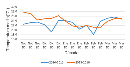 Comportamiento de la temperatura media (Tmed) durante las campañas bajo la fase cálida del evento ENOS