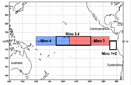 Representaci&oacute;n geogr&aacute;fica de las regiones de El Ni&ntilde;o. Imagen tomada del Comit&eacute; Regional de Recursos Hidr&aacute;ulicos del Istmo Centroamericano (CRRH-SICA).