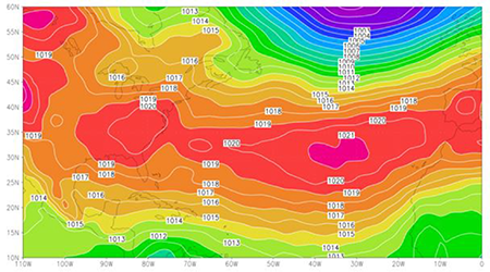 Presi&oacute;n a nivel medio del mar correspondiente al periodo poco lluvioso 2022 (Fuente: http://www.psl.noaa.gov).
