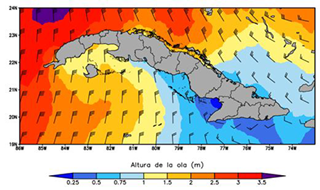 Altura significativa de la ola, velocidad (km/h) y direcci&oacute;n del viento en las costas cubanas al paso del frente fr&iacute;o del 29 de enero de 2022 a las 18Z. Elaborado a partir del rean&aacute;lisis ERA5 (CDS, 2023).