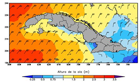 Altura significativa de la ola, velocidad (km/h) y direcci&oacute;n del viento en las costas cubanas al paso del frente fr&iacute;o del 14 de febrero de 2022 a las 18Z. Elaborado a partir del rean&aacute;lisis ERA5 (CDS, 2023).