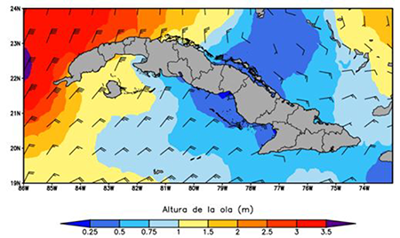 Altura significativa de la ola, velocidad (km/h) y direcci&oacute;n del viento en las costas cubanas al paso del frente fr&iacute;o del 24 de diciembre de 2022 a las 12Z. Elaborado a partir del rean&aacute;lisis ERA5 (CDS, 2023).