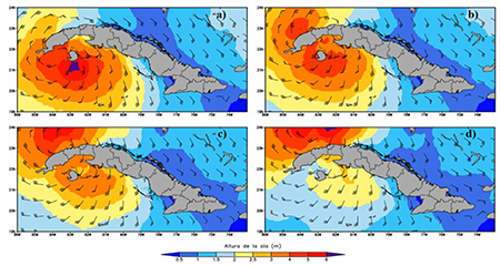 Altura significativa de la ola, velocidad (km/h) y direcci&oacute;n del viento en las costas cubanas al paso del hurac&aacute;n Ian el 27 y 28 de septiembre de 2022. a) 06Z, b) 12Z, c) 18Z y d) 00Z. Elaborado a partir del rean&aacute;lisis ERA5 (CDS, 2023).