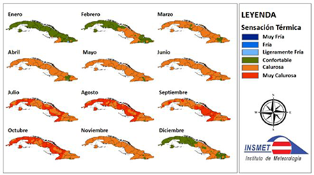 Sensaci&oacute;n t&eacute;rmica media determinada a partir de la Temperatura efectiva (TE) a la 1:00 pm durante el 2022.