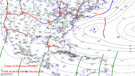 Mapa de superficie representando la onda tropical #27 el día 23 de julio a las 00:00 UTC