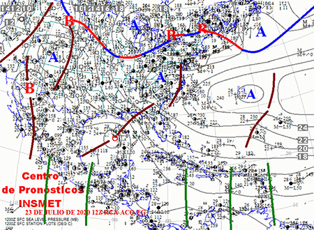 Mapa de superficie representando la onda tropical #27 el día 23 de julio a las 12:00 UTC