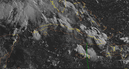 Imagen satelital GOES-16, canal 2, de la onda tropical #27 el día 23 de julio a las 12:00 UTC