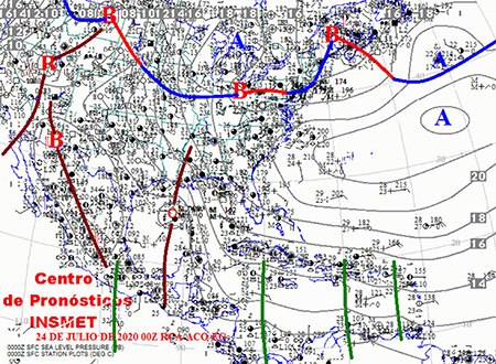 Mapa de superficie representando la onda tropical #27 el día 24 de julio a las 00:00 UTC