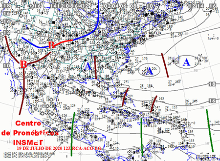 Mapa de superficie representando la onda tropical #26 el día 19 de julio a las 12:00 UTC