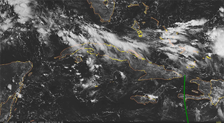 Imagen satelital GOES-16, canal 2, de la onda tropical #26 el día 19 de julio a las 12:00 UTC
