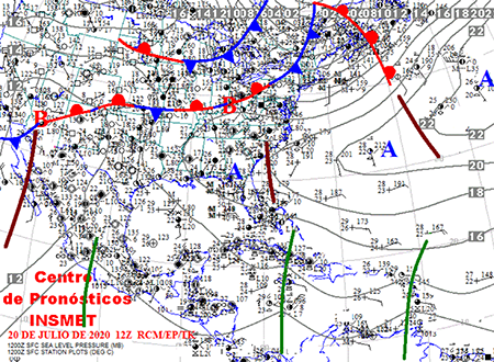 Mapa de superficie representando la onda tropical #26 el día 20 de julio a las 12:00 UTC