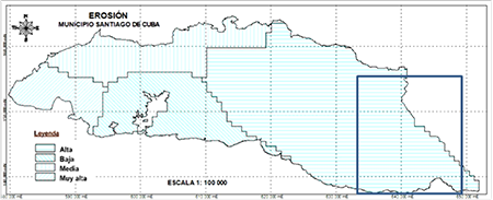 Imagen del mapa de erosión del municipio Santiago de Cuba señalando en recuadro el área correspondiente de influencia de la cuenca hidrográfica del río Baconao. Fuente: Colectivo de autores, (2002).