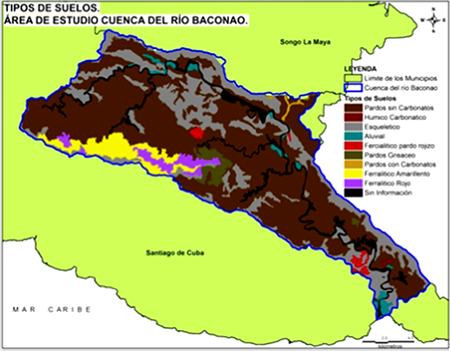 Imagen del mapa de tipos de suelos presentes en la cuenca del rio Baconao a escala 1:25000, adaptado de Geocuba, 2012